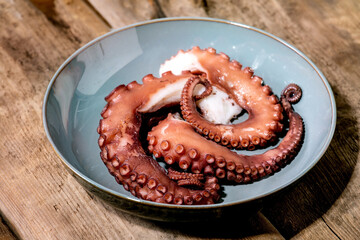 Coocked tentacles of octopus on ceramic plate