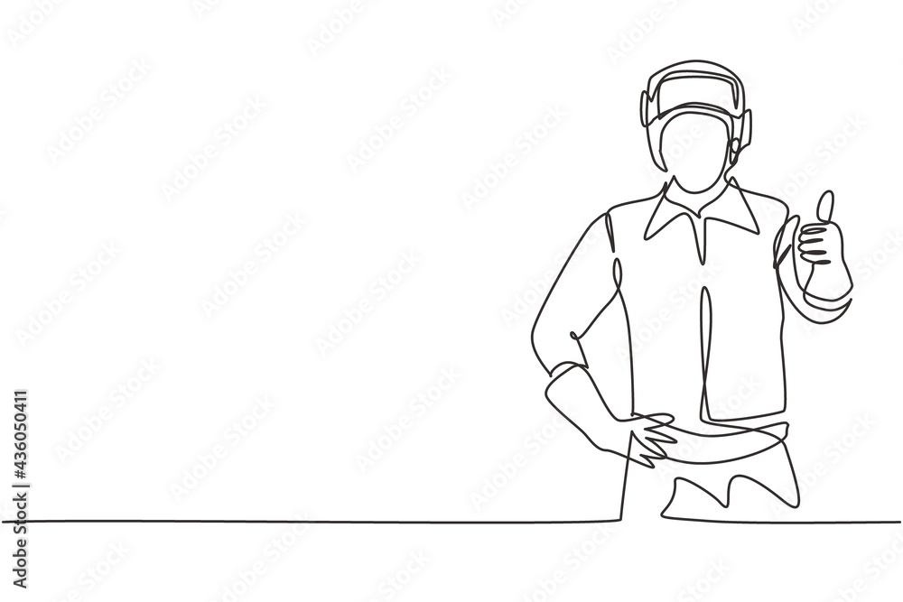 Aufkleber single one line drawing of welder with a thumb-up gesture works in the construction of a building fo
