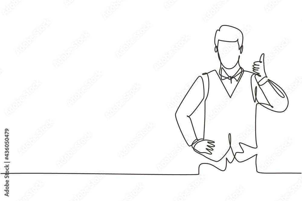 Aufkleber single continuous line drawing the steward with a thumbs-up gesture is ready to serve airplane passe