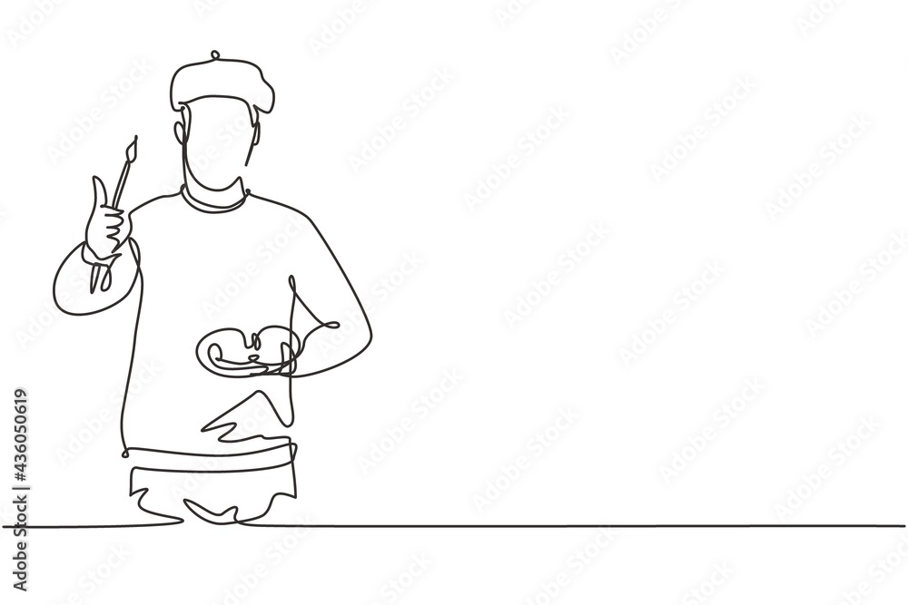 Poster single continuous line drawing artist painter with a thumbs-up gesture using painting tools such as 