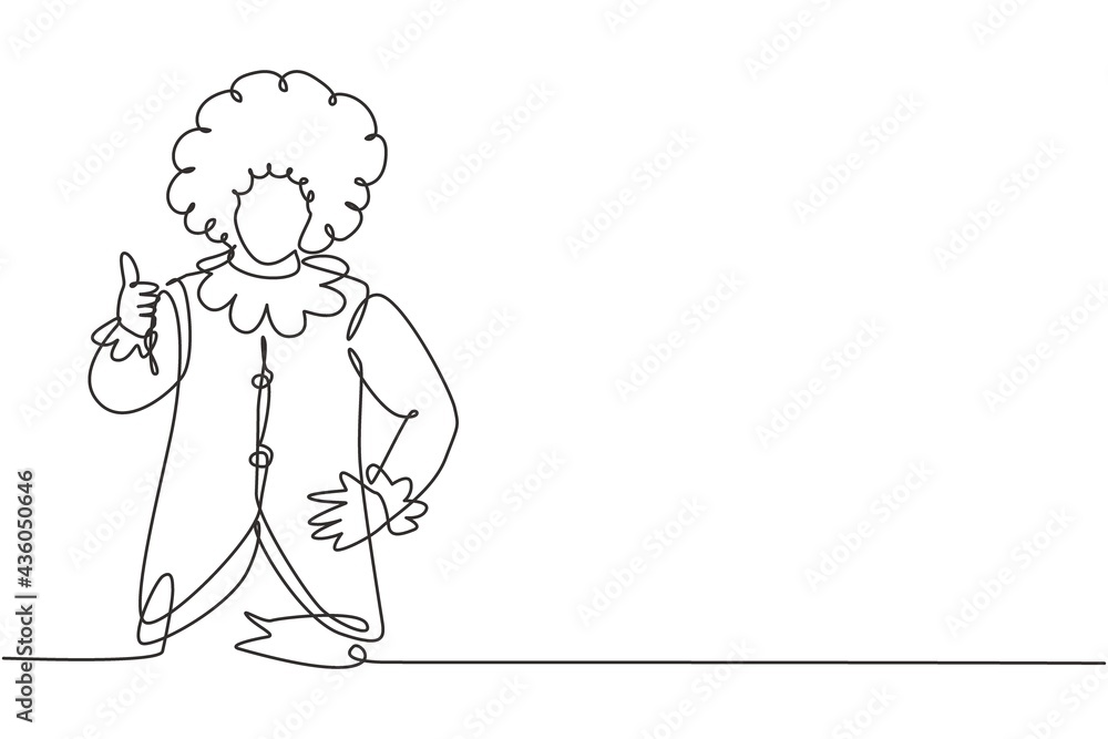 Poster single continuous line drawing a clown with thumbs-up gesture, wearing a wig and smiling face make-u