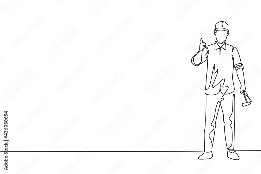 Poster continuous one line drawing a carpenter standing with a thumbs-up gesture works for the wood industr
