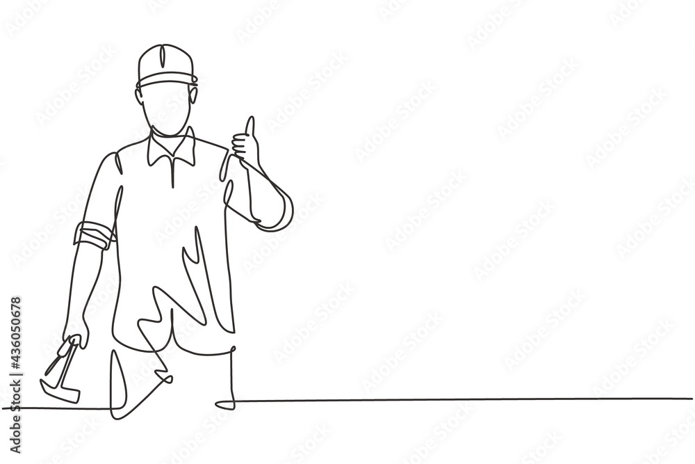 Poster single continuous line drawing a carpenter with a thumbs-up gesture works in his workshop making woo