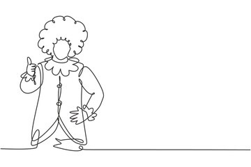 Fototapeta na wymiar Single continuous line drawing a clown with thumbs-up gesture, wearing a wig and smiling face make-up, entertaining kids at a festive birthday. Dynamic one line draw graphic design vector illustration