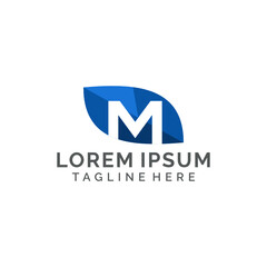 Letter M with blue leaf clean logo design