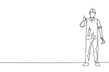 Continuous one line drawing a carpenter standing with a thumbs-up gesture works for the wood industry and must be skilled at using carpentry tools. Single line draw design vector graphic illustration