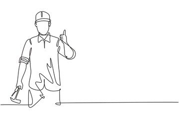 Single continuous line drawing a carpenter with a thumbs-up gesture works in his workshop making wooden products. Skills in using carpentry tools. One line draw graphic design vector illustration.