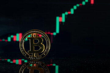 Bitcoin icon. Gold Crypto currency BTC Bitcoin on graph chart background. Golden Bit Coin virtual cryptocurrency or blockchain technology. Trading on the cryptocurrency exchange.