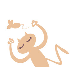 Vector illustration of cat and a mouse. Cat catch a mouse.