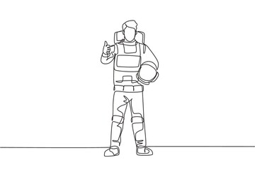 Single continuous line drawing astronaut stands with thumbs-up gesture wearing space suit exploring earth, moon, other planets in the universe. Dynamic one line draw graphic design vector illustration