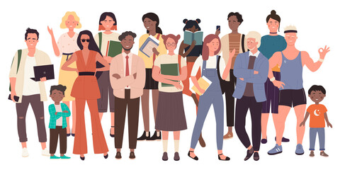 Fototapeta premium Diverse crowd, multiracial multicultural people group, civil society vector illustration. Cartoon multiethnic old young men and women, children standing together, social diversity isolated on white