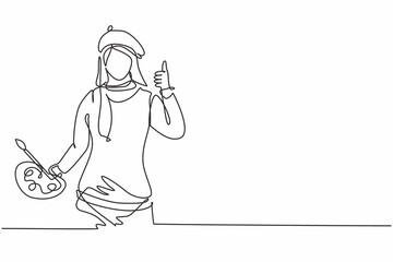 Single continuous line drawing woman painter with a thumbs-up gesture using painting tools such as brushes, canvas, and watercolors in producing art. One line draw graphic design vector illustration