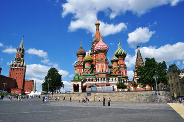 Fototapeta na wymiar Panoramic view of St. Basil's Cathedral. Moscow, Russia, May 22, 2021
