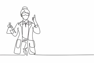 Single one line drawing of female scientist with a thumbs-up gesture and hold measuring tube examining the chemical solution to make a vaccine. Continuous line draw design graphic vector illustration
