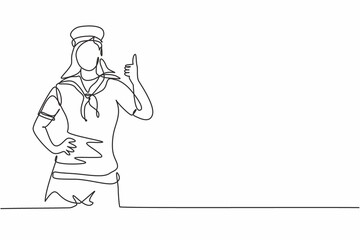 Single one line drawing of sailor woman with a thumbs-up gesture ready to sail across the seas in a ship that is headed by a captain. Modern continuous line draw design graphic vector illustration