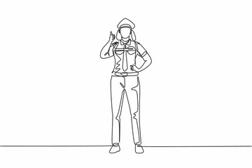 Single continuous line drawing woman pilot stands with a thumbs-up gesture and uniform serves airplane passengers fly to their destination. Dynamic one line draw graphic design vector illustration.