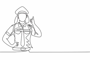 Single one line drawing of a woman pilot with a thumbs-up gesture and in full uniform ready to fly with the cabin crew on the plane at airport. Continuous line draw design graphic vector illustration