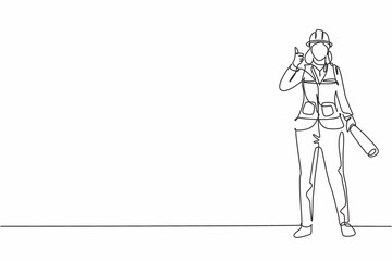Continuous one line drawing the female architect stands with a thumbs-up gesture and wears a helmet with a blueprint for the building's work plan. Single line draw design vector graphic illustration.