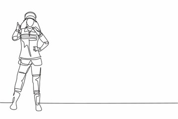 Continuous one line drawing female firefighters stood wearing helmets and uniforms complete with a thumbs-up gesture to work to extinguish the fire. Single line draw design vector graphic illustration