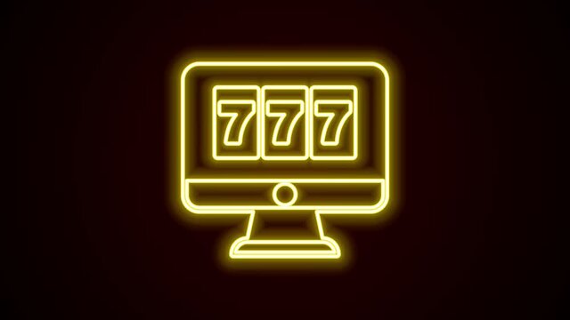 Glowing neon line Online slot machine with lucky sevens jackpot icon isolated on black background. Online casino. 4K Video motion graphic animation