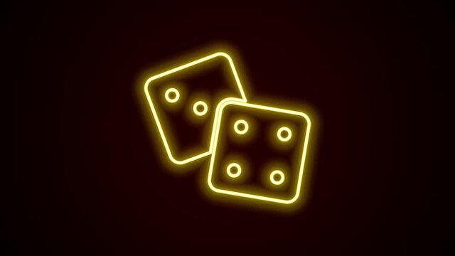 Glowing neon line Game dice icon isolated on black background. Casino gambling. 4K Video motion graphic animation