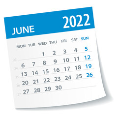 June 2022 Calendar Leaf. Week Starts on Monday. Vector Illustration
