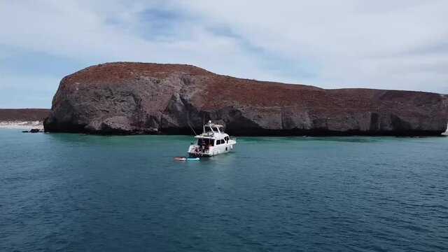 The ocean on a drone flight arriving on the island in the Mexican Caribbean