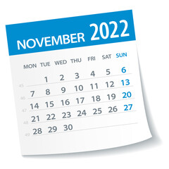 November 2022 Calendar Leaf. Week Starts on Monday. Vector Illustration