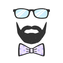 Glasses, beard and bow vector illustration with texture. Decoration for Father's Day. Man face. Design element for print, poster, banner, badge, sticker, t-shirt. Vector 