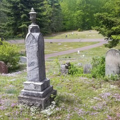 Tall grey tombstone with green grass and trees in background. 