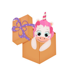 Cute cartoon baby unicorn in gift box. Vector illustration.
