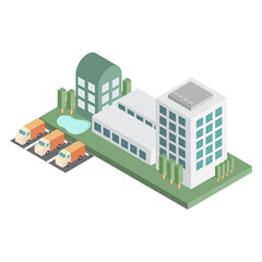 Industrial factory building. Isometric 3d style. Vector illustration.
