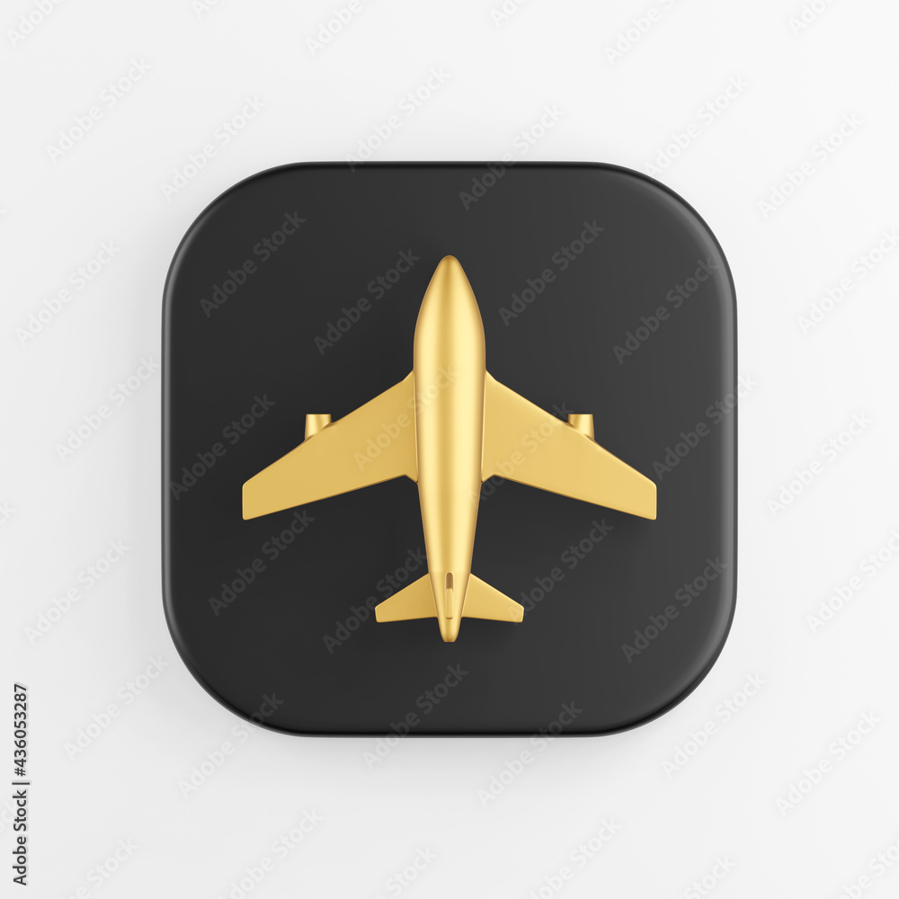 Poster Golden plane icon. 3d rendering black square key button, interface ui ux element.