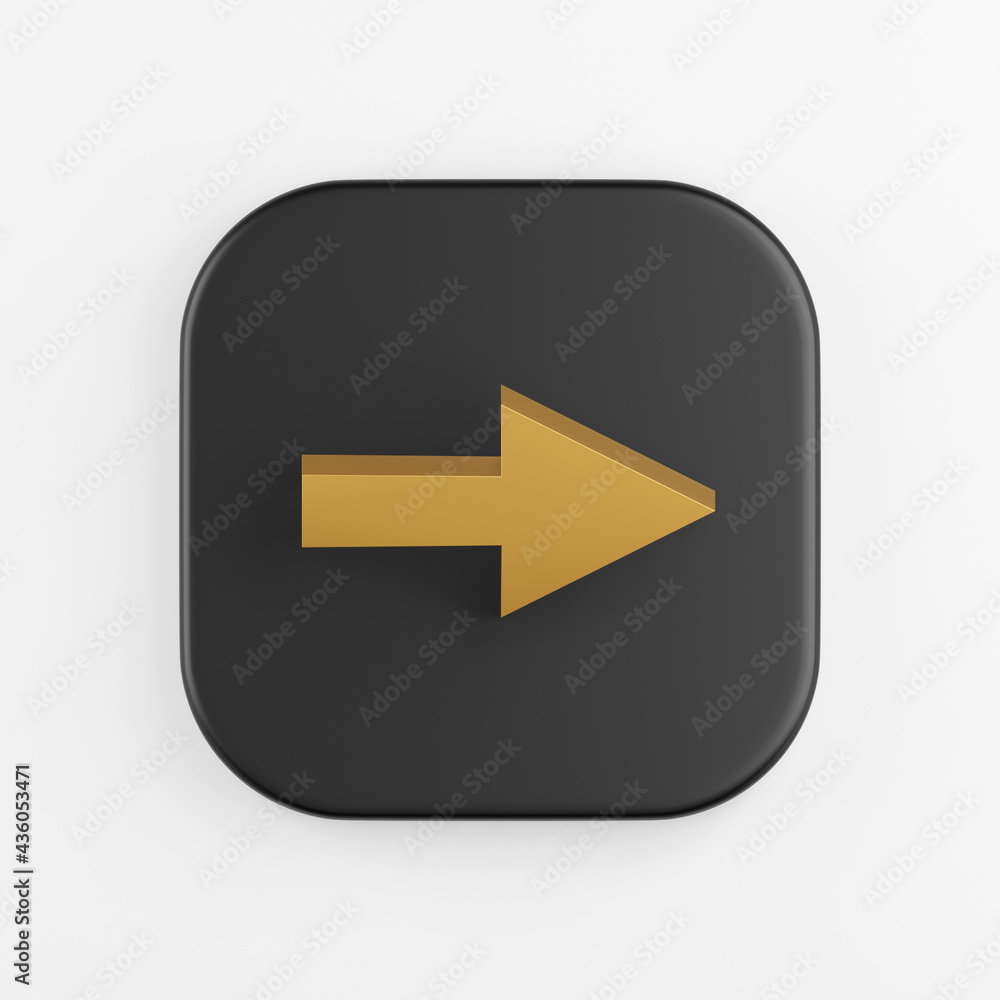 Poster right arrow gold icon. 3d rendering of black square key button, interface ui ux element.