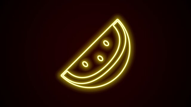 Glowing neon line Casino slot machine with watermelon symbol icon isolated on black background. Gambling games. 4K Video motion graphic animation
