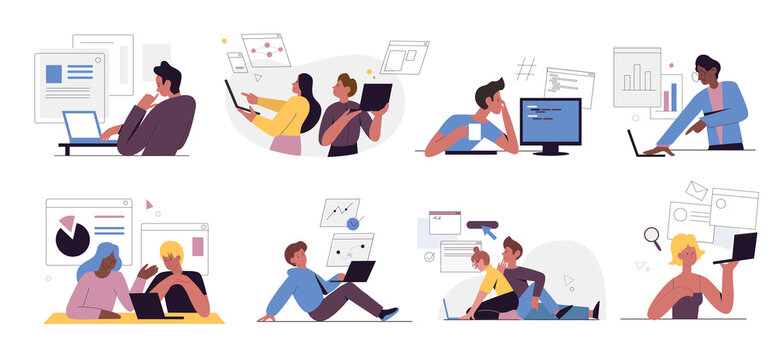 Web developers people work vector illustration set. Cartoon designer coder characters working with virtual graphical interface, developing website design, writing software code isolated on white