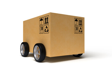 Cardboard box on wheels isolated on white background. 3D rendering.