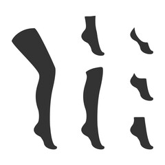 Types of socks collection. Invisible, extra low cut, low cut, quarter, mild calf, knee high, over knee and thig high socks.