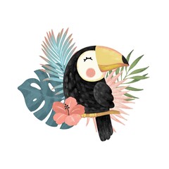 toucan on a branch with tropical leaves and flowers. illustration.