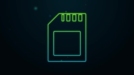 Glowing neon line SD card icon isolated on black background. Memory card. Adapter icon. 4K Video motion graphic animation
