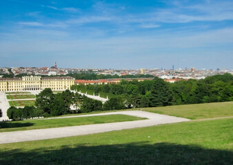 Palace and Gardens of Schönbrunn on a sunny summer day. Beautiful green park. Vienna city view. Austria. Europe