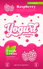 Fruits and Berries Yogurt Label Template. Abstract Vector Dairy Packaging Design Layout. Modern Typography Banner with Bubbles and Hand Drawn Raspberry Berry Sketch Silhouette Background. Isolated