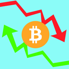 Bitcoin is bullish (green) or bearish (red) market in cryptocurrency. Vector illustration.