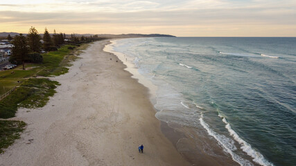 Aerial view of the sunset at Seven Mile Beach in Lennox Head, Australia 
