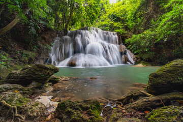 Huay Mae Khamin Waterfall Waterfall paradise Travel all year at Kanchanaburi, a 7-tiered waterfall in a national park with hiking trails, famous waterfalls in Thailand.