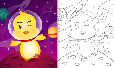coloring book for kids with a cute chick in the space galaxy