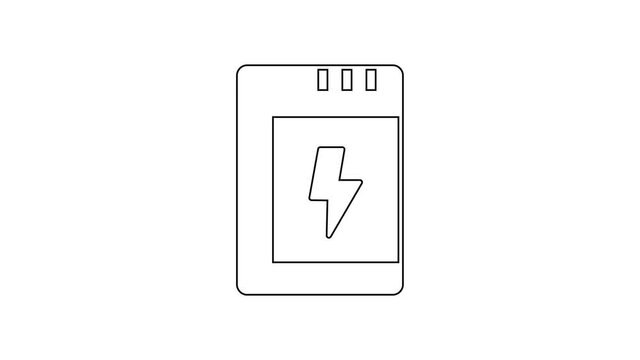 Black line Battery for camera icon isolated on white background. Lightning bolt symbol. 4K Video motion graphic animation