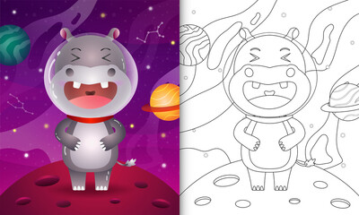 coloring book for kids with a cute hippo in the space galaxy
