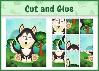 Fototapeta premium Children board game cut and glue with a cute husky dog