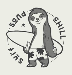 Surf sand chill. Sloth character with a surfboard vintage typography summer sports t-shirt print. © Handdraw
